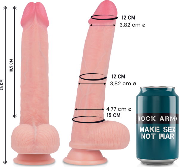 Dildo realista Rock Army Kingcobra de 24 cm, cor de pele, com base de ventosa