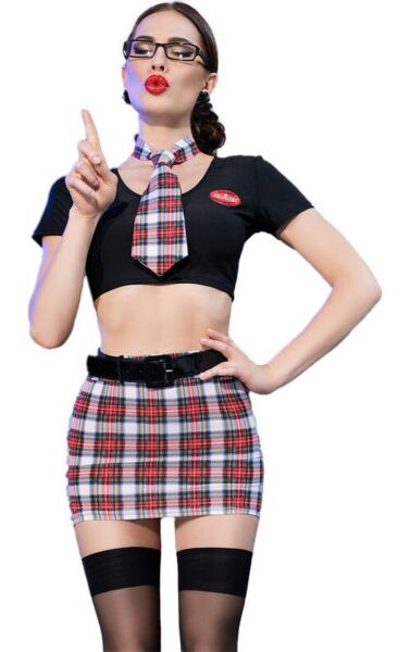 Disfarce de colegial Chilirose CR 4425 com top preto, minissaia xadrez, gravata, óculos e meias