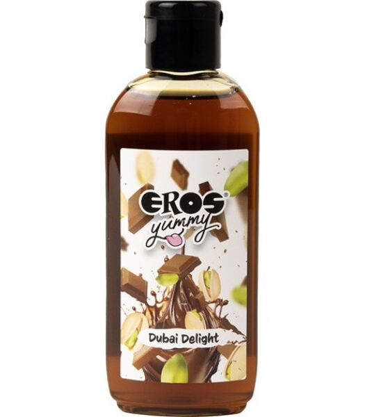 Frasco de 100 ml do lubrificante Eros Yummy Dubai Delight, sabor a chocolate e pistácio