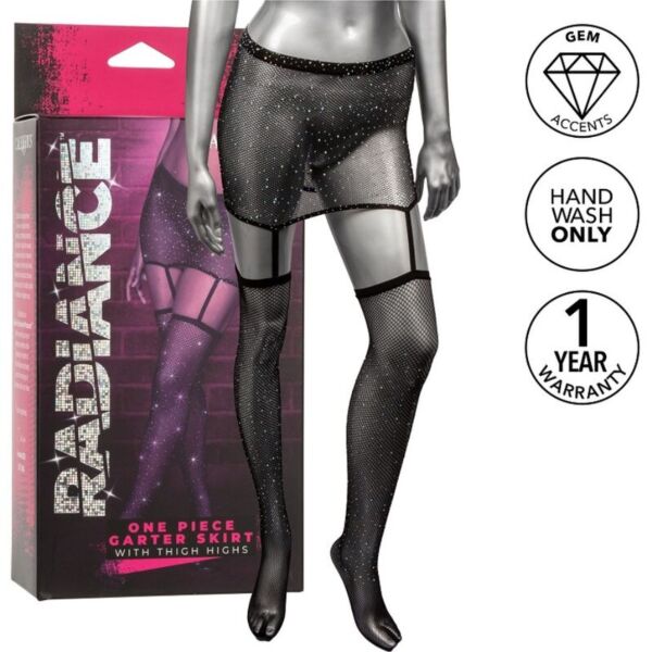 Meias com cinta-liga CalExotics Radiance Garter One-Piece, minissaia com ligas e meias até à coxa numa só peça