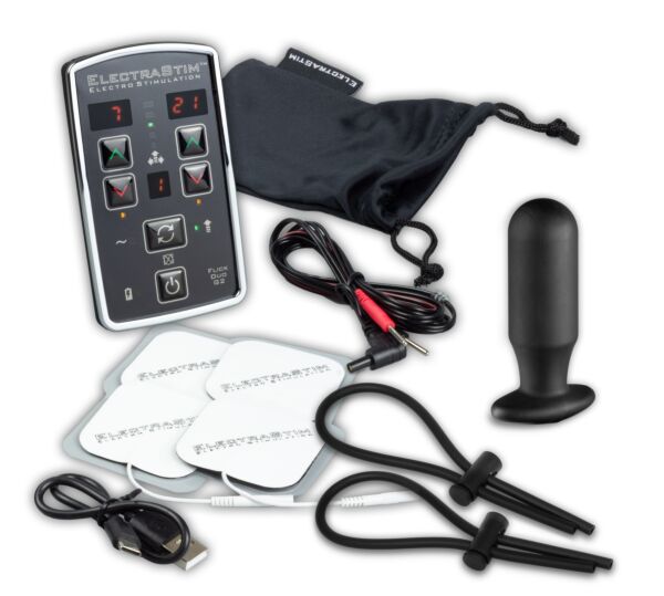 Kit ElectraStim Flick Duo EM80-M com o estimulador, o elétrodo Silicone Noir Aura, os anéis ElectraLoops e os elétrodos adesivos