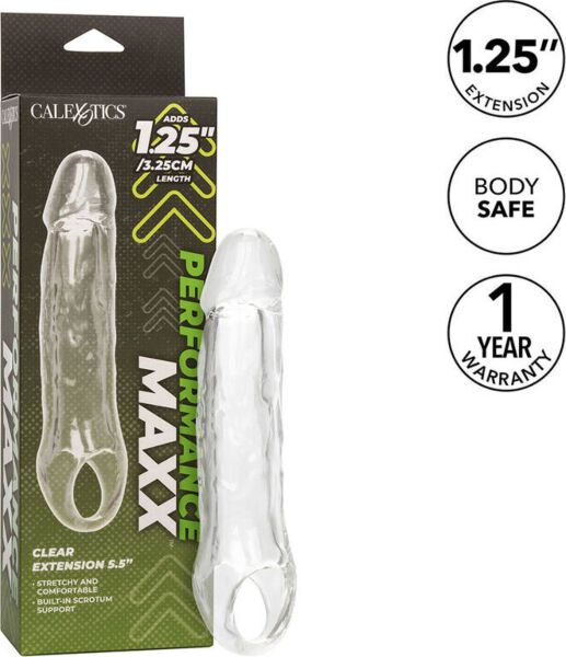 Manga peniana extensora transparente CalExotics Performance Maxx Clear Extension 5,5, com tira para o escroto