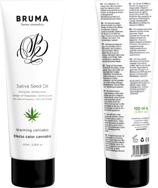 Gel lubrificante Bruma Cannabis com sabor a cannabis e efeito calor, em formato de 6 ml e de 100 ml