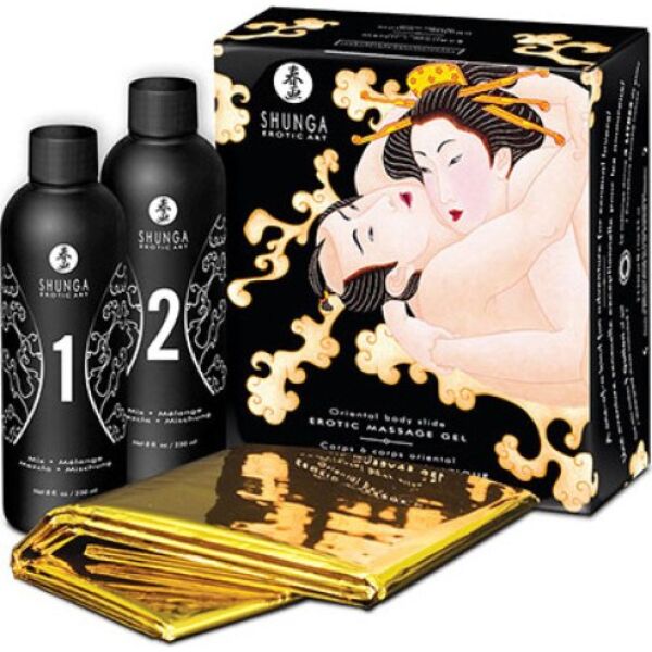 Kit de gel de massagem corpo a corpo Shunga Oriental com o seu lençol dourado