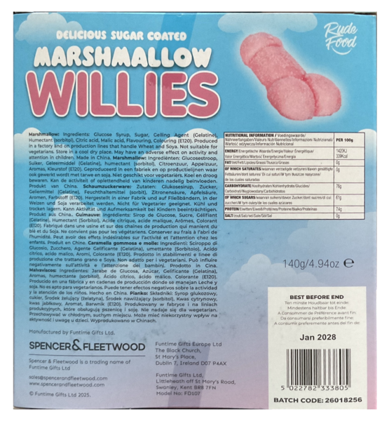 Embalagem de marshmallows cor-de-rosa em forma de pénis Marshmallow Willies da Spencer & Fleetwood