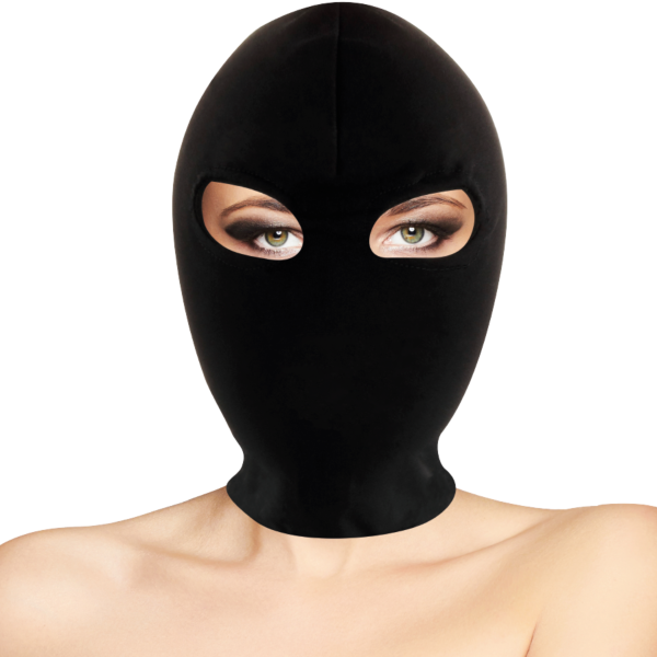 Capuz BDSM Darkness Submission com abertura para os olhos, posto na cabeça