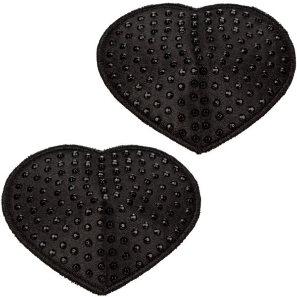 Tapa-mamilos Radiance Pasties Heart da CalExotics, dois corações pretos com gemas