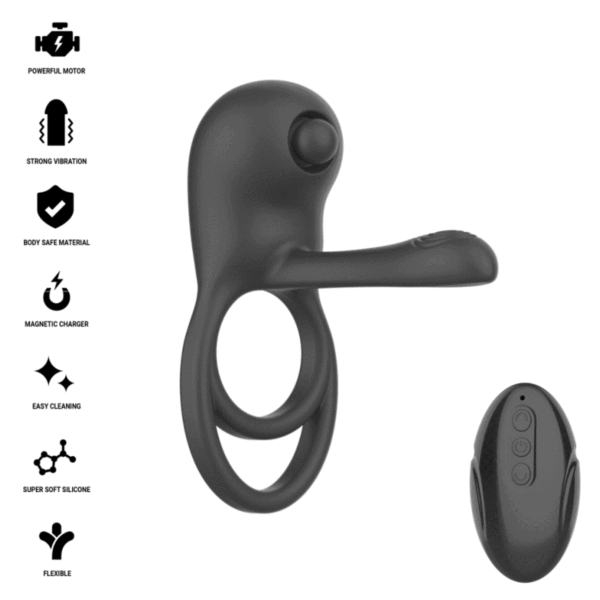 Anel vibratório Intense Spike de cor preta, com o seu estimulador de clitóris e o seu comando remoto