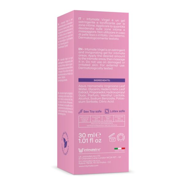 Embalagem de 30 ml do gel à base de água Intymate Virgel