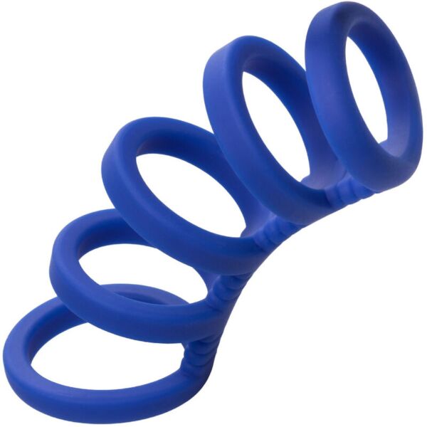 Gaiola para o pénis CalExotics Admiral Xtreme em silicone azul, com os seus anéis graduados
