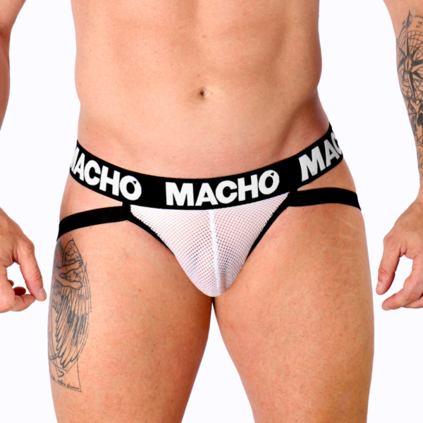Jockstrap Macho Underwear MX26X1 branco com rede semitransparente