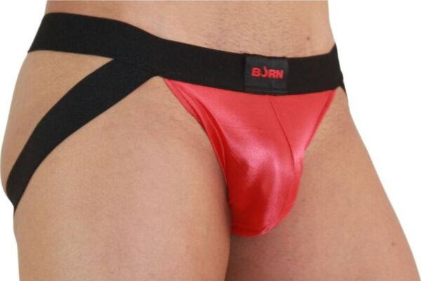 Jockstrap Burn 010 Jock vermelho e preto, com transparências e detalhes brilhantes