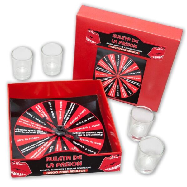 Jogo de shots Diablo Picante Roleta da Paixão, com a roleta e os 4 copos