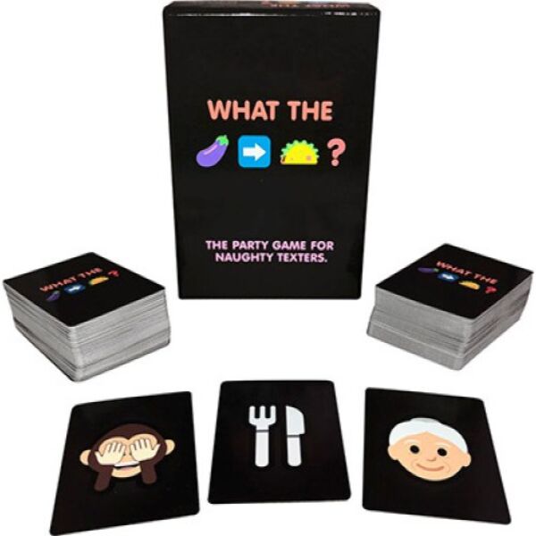 Jogo de cartas para adultos What The Game da Kheper Games, com a caixa e as cartas de emojis