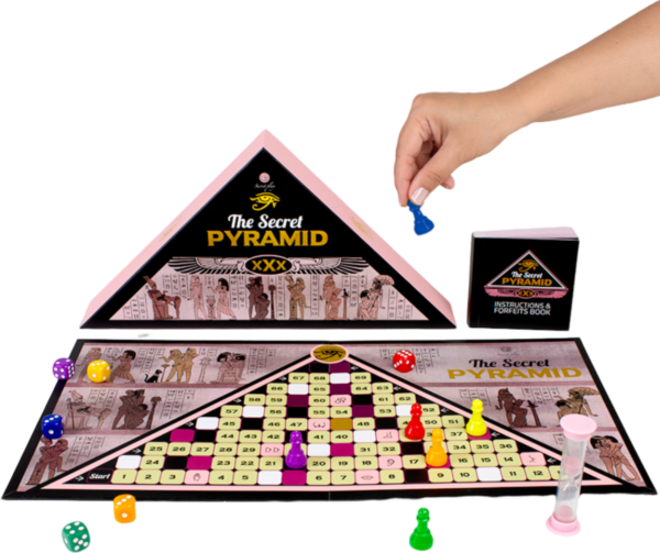Jogo erótico Secret Play The Secret Pyramid, com tabuleiro, peões, dados e ampulheta