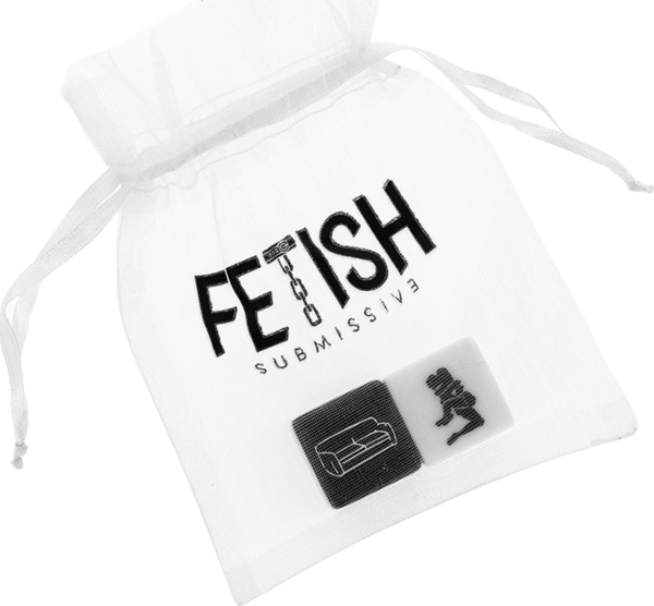 Dados Fetish Submissive, um branco e um preto, junto ao seu saquinho de cetim