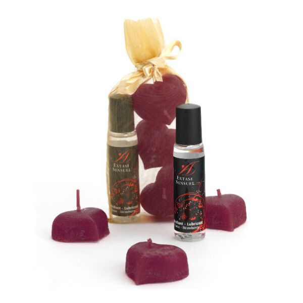 Kit Extase Sensuel Noches de Seda com as suas velas em forma de pétala e o frasco de gel lubrificante de morango