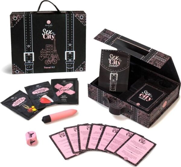 Kit de viagem Secret Play Sex in the City com as cartas, a bala vibratória, o dado kamasutra e as carteiras monodose