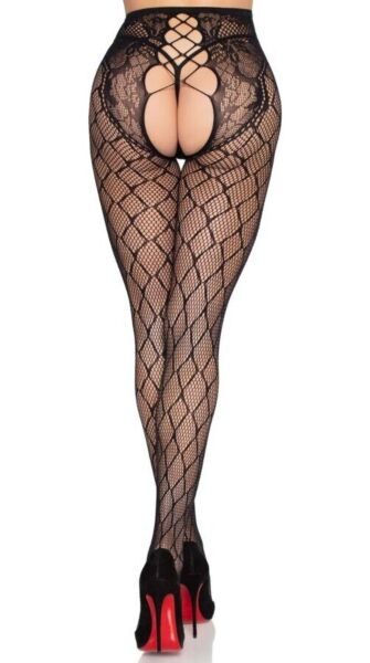 Collants de rede Leg Avenue Seline 1966 em preto, de cintura alta e com entreperna aberta