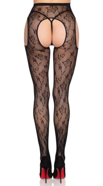Collants Leg Avenue Esme 1967 de rede preta com padrão floral e efeito de cinta-liga