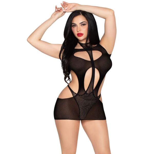 Conjunto Leg Avenue Main Stage em preto: minivestido com aberturas sobre um body de rede com decote halter