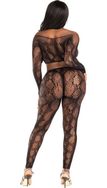 Conjunto Leg Avenue Cold Blooded 89373 de top curto de manga comprida e meias sem pé em rede preta com padrão de serpente