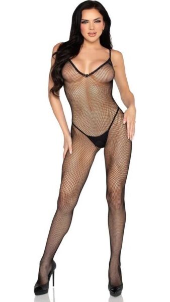 Bodystocking Leg Avenue 89375 em rede preta, com acabamento em crochet e abertura entre as pernas