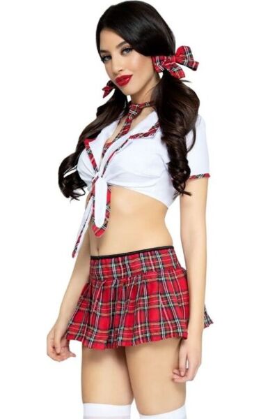 Fantasia de colegial Leg Avenue Miss Prep School em vermelho e branco, com top curto, saia plissada xadrez, gravata e laços