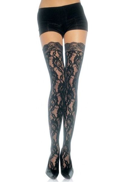 Meias de renda preta Leg Avenue Ella Rose, com desenho de rosas, vestidas até à coxa