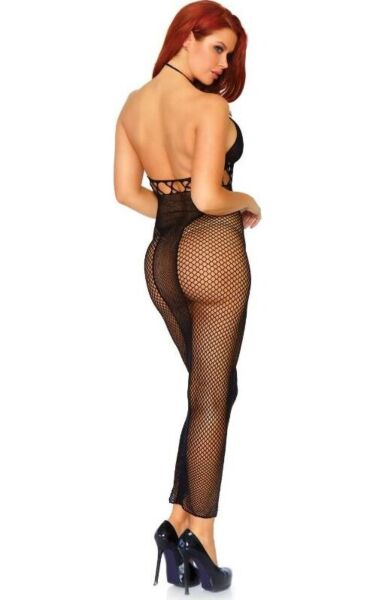 Vestido comprido de rede Leg Avenue Power Move em preto, com decote halter e costas descobertas