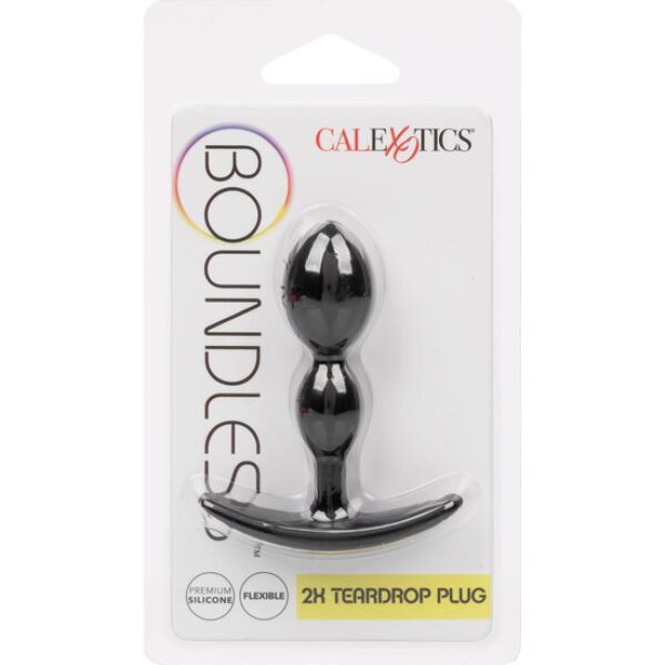 Plug anal CalExotics Boundless 2x Teardrop Plug preto, com forma de lágrima e pega na base