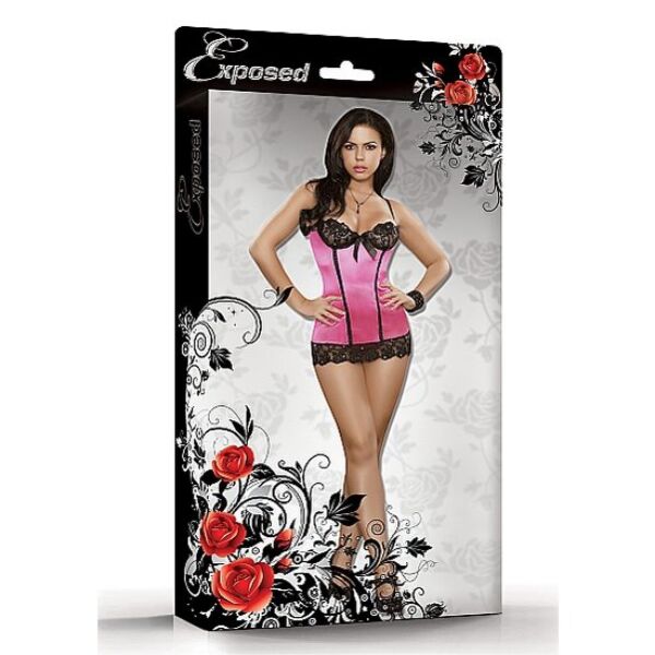 Camisa de noite Exposed Sequin Lace Chemise Rosa S/M, minivestido rosa com soutien preto e laço rosa