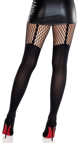 Collants pretos Leg Avenue Jett Garter Illusion, opacos e com rede na coxa que imita uma liga