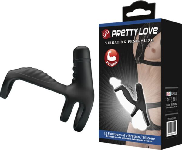 Manga elástica preta Pretty Love Vibrating Penis Sling com base em anel e relevos