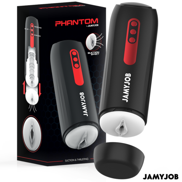 Masturbador automático Jamyjob Phantom em preto com detalhes vermelhos