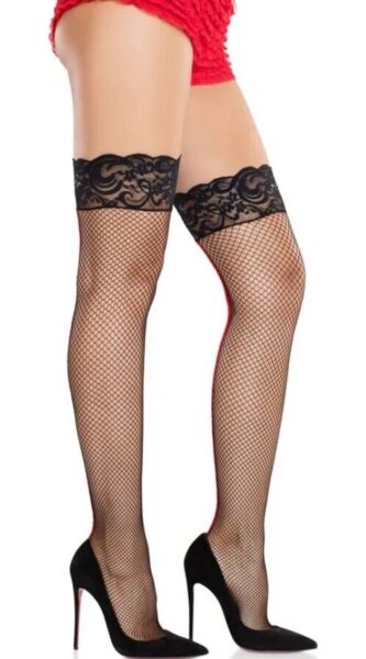 Meias de rede Leg Avenue May 9992 com renda floral na coxa e costura traseira