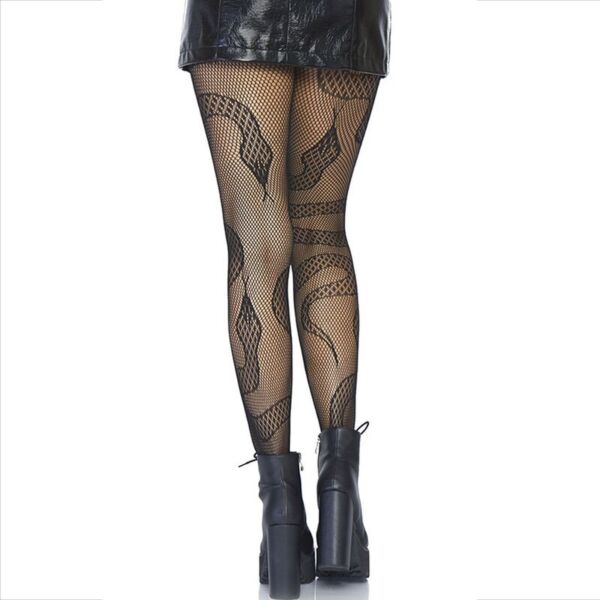 Collants de rede Leg Avenue Snake Net Tights pretos, com serpentes de renda sobre a rede