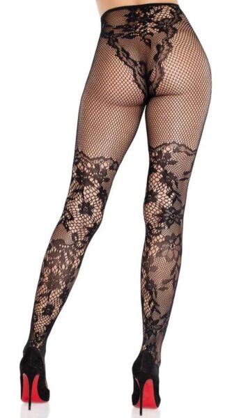 Collants de renda Leg Avenue Dahlia Lace Tights em preto, com renda floral e rede na coxa