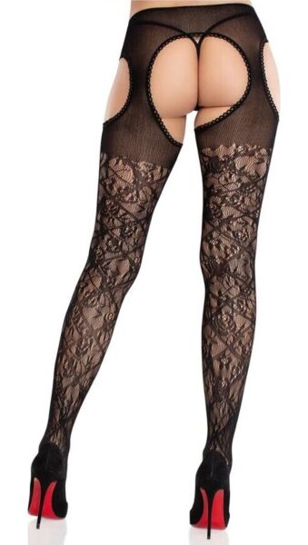 Meias com cinta-liga integrada Leg Avenue Amaya, em renda floral preta