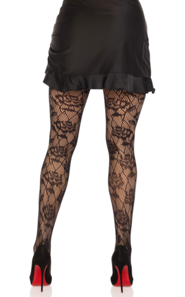 Collants de rede pretos Leg Avenue Wild Rose, com malha de losangos e desenho de rosas