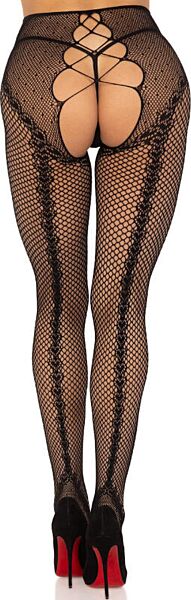 Collants de rede pretos sem entrepernas Leg Avenue Karma, com costura traseira e coração