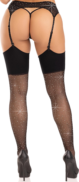 Meias Leg Avenue Harmony pretas até à coxa, com strass na liga larga