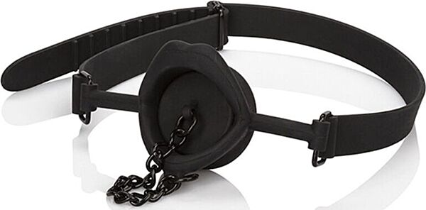 Mordaça preta Scandal Silicone Stopper Gag da CalExotics, com tampão e correia ajustável