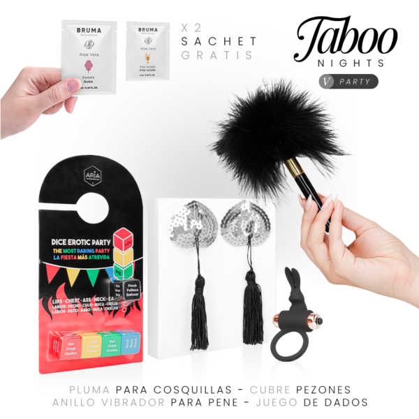 Pack erótico Taboo Nights 5: Party com jogo de dados, anel vibratório, cobre-mamilos, espanador e géis lubrificantes