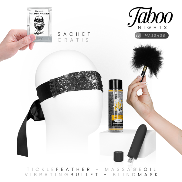 Pack Taboo Nights 4 Massage com óleo Bruma, bala vibratória Geri, venda para os olhos, pena e gel anal Black Hole