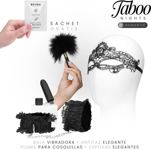 Pack Taboo Nights 3 Romantic Dreamkit com venda, bala vibratória, pulseiras de renda preta, penas e gel deslizante
