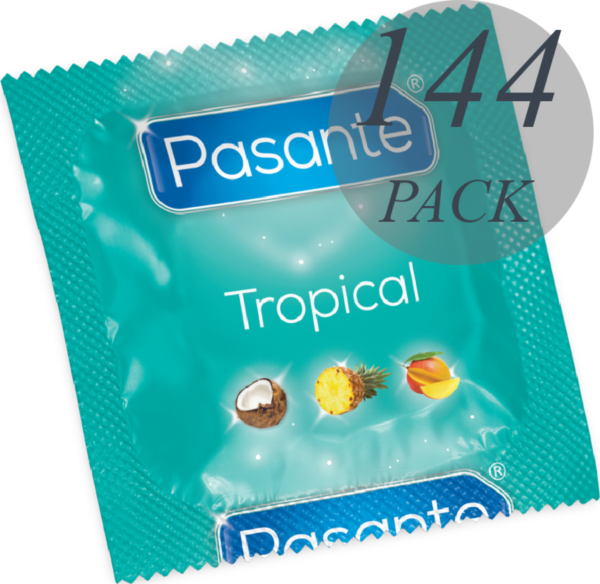 Caixa de 144 preservativos Pasante Tropical com sabores de manga, ananás e coco