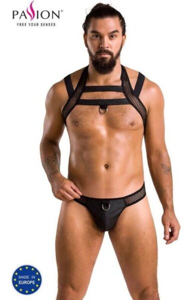 Conjunto de lingerie masculina Passion 043 Set Jacob, jockstrap e arnês de ombros em pele sintética e rede com argolas metálicas