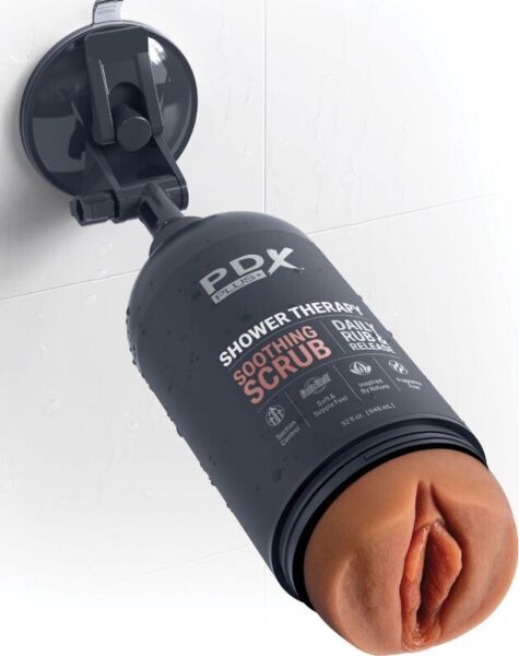 Masturbador PDX PLUS+ Shower Therapy Soothing Scrub Caramelo em forma de frasco de champô