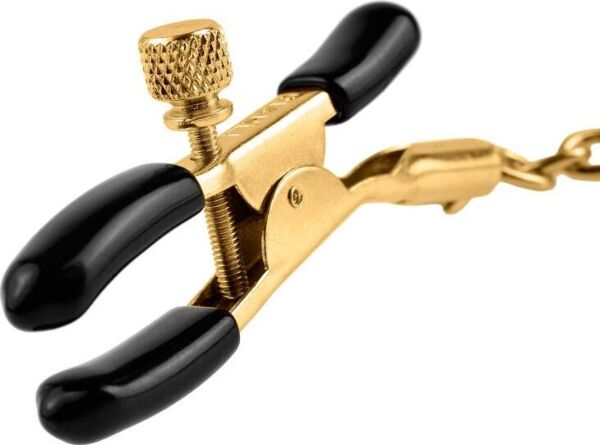 Pinças para mamilos Fetish Fantasy Gold Chain Nipple Clamps em dourado e preto, ligadas por uma corrente